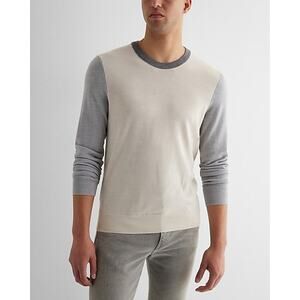 Express Color Block Merino Wool Sweater Gray Beige Crewneck Pullover Size M